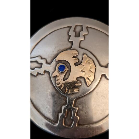 Vintage Peru 2" Round 925 Sterling 18K Gold Turquoise Inca Bird Brooch/Pendant - Picture 2 of 6